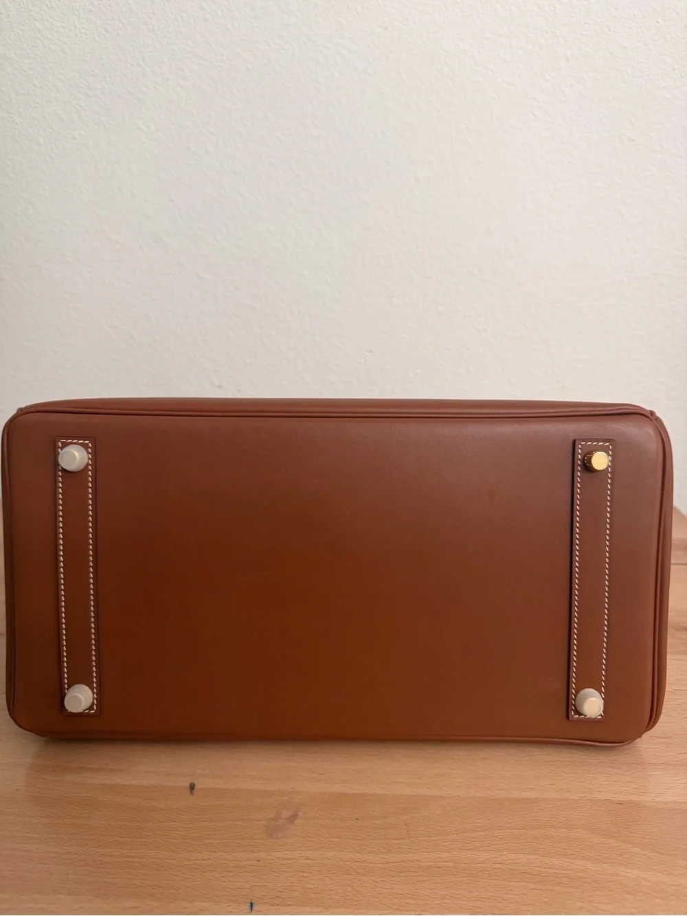 Handmade imported barenia Birkin 35 Fauve gold smooth GHW Cognac tote Italian